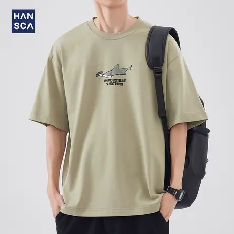 hansca宽松短袖t恤男夏季2024新款纯棉潮牌重磅圆领设计感上衣男商品大图