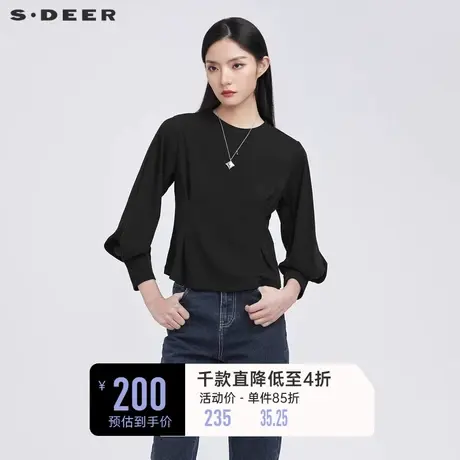 sdeer圣迪奥秋装休闲圆领灯笼袖黑色收腰T恤女S22180214图片
