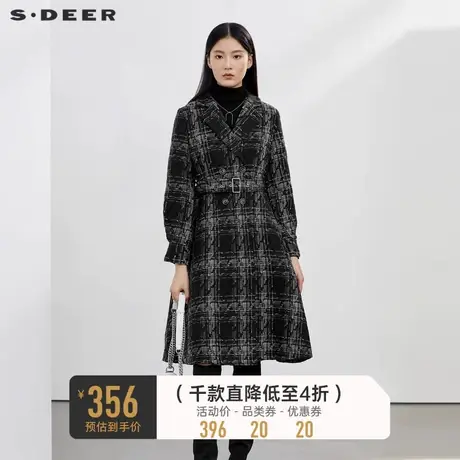 sdeer圣迪奥女装外套赫本风格纹泡泡袖长款显瘦风衣大衣S223Z1859图片