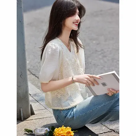 时尚短袖衬衫2025年夏季新款女V领刺绣重工百搭短款温柔淑女上衣商品大图