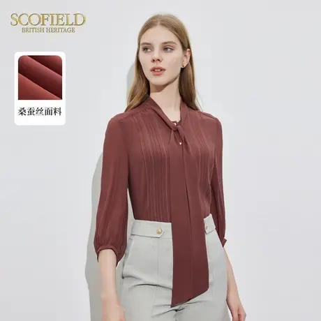 【100%桑蚕丝】Scofield女装七分袖雪纺衫系带衬衫夏季上衣图片