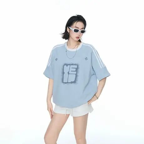 2025夏季新款三道杠宽松圆领印花纯棉T恤短袖女潮牌情侣半袖上衣图片