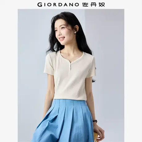 佐丹奴T恤女装亨利领修身坑条针织短袖T恤 05325468商品大图
