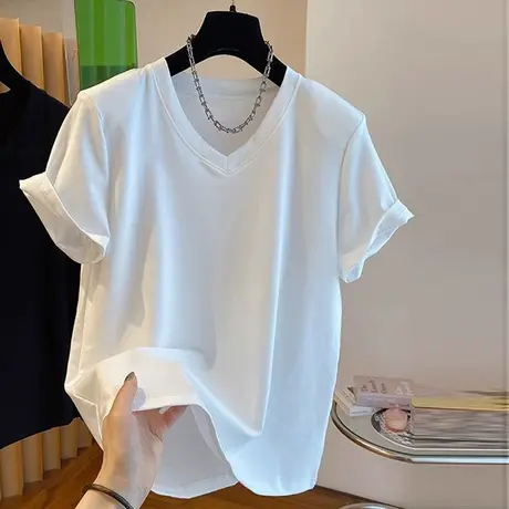 纯色简约V领短袖T恤女夏季宽松韩版内搭可外穿打底衫chic甜辣上衣商品大图
