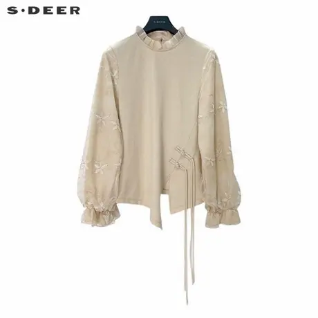 sdeer圣迪奥女装复古圆领绣花盘扣网纱新中式衬衫S243Z0517图片