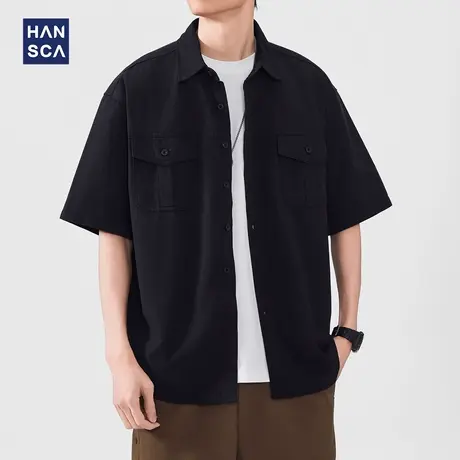 hansca日系工装休闲短袖衬衫男2025夏季立体双口袋青少年衬衣外套商品大图