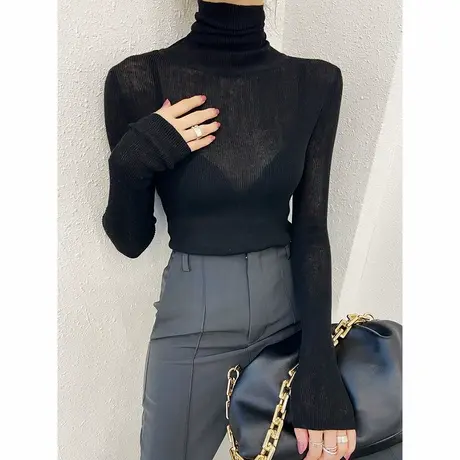 羊绒高领打底衫女秋冬长袖内搭薄款微透修身糖果色t恤堆堆领毛衣图片