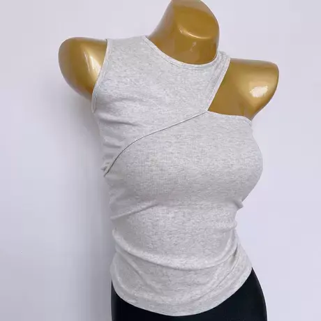 韩国ins网红螺纹挂脖圆领拼接设计感露肩无袖背心单肩无袖上衣女图片