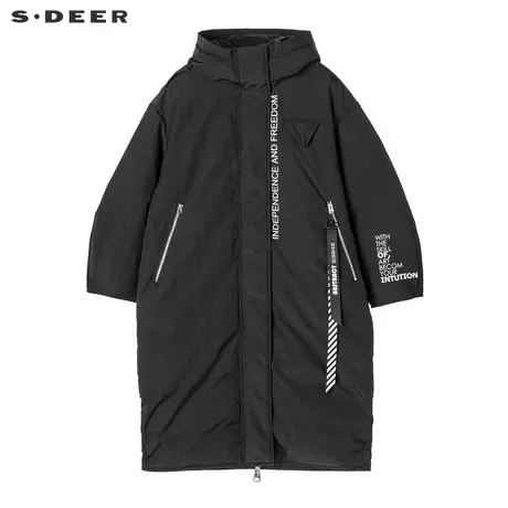 sdeer圣迪奥2018冬新款字母口袋飘带茧型及膝连帽羽绒服S18482454商品大图