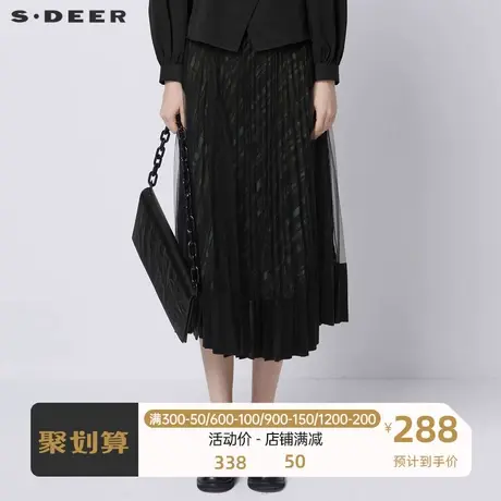 sdeer圣迪奥女装松紧撞色格纹网纱不规则长裙S21361115🥦图片