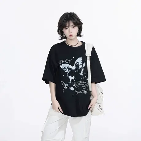 YEP复古蝴蝶印花短袖t恤女春夏新款潮牌半袖宽松oversize黑色上衣图片