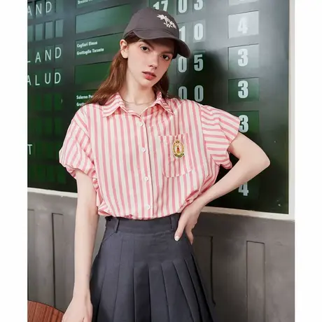 a02【减龄学院风】条纹设计泡泡袖上衣夏季宽松休闲女式衬衫商品大图