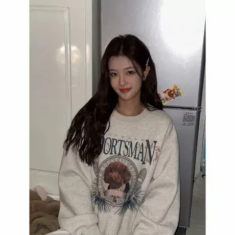 美式氛围软妹感穿搭复古泰迪宽松圆领休闲加绒加厚卫衣男女情侣衫图片