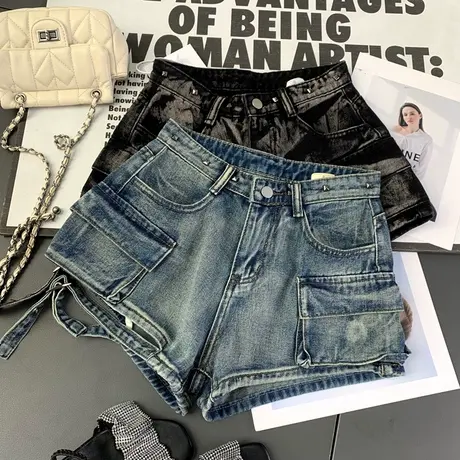 晕染口袋工装牛仔短裤女美式夏季高街洗水小个子高腰辣妹包臀热裤商品大图