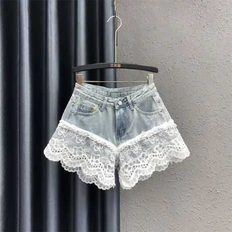 气质高腰牛仔短裤女潮25夏季新款辣妹百搭蕾丝拼接A字阔腿裤热裤商品大图