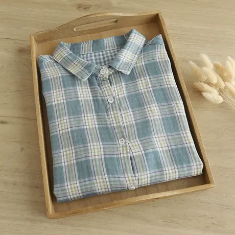 春秋季韩版简约文艺双层棉纱长袖蓝色格子衬衫女宽松百搭打底上衣商品大图