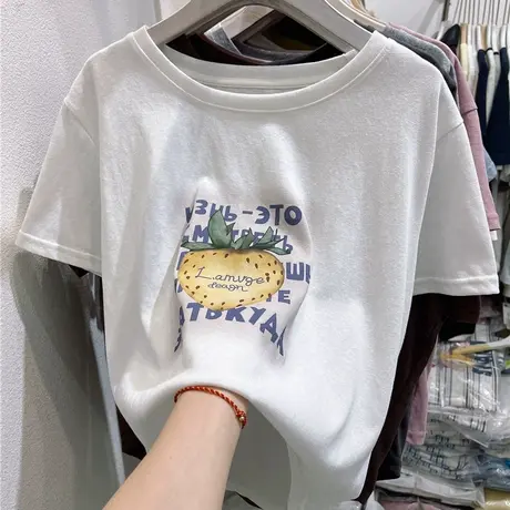 2025春季新款韩版百搭t恤宽松显瘦草莓字母印花雪花棉圆领短袖女商品大图
