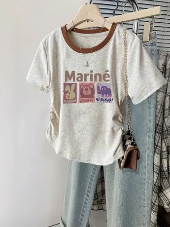 慵懒风短款修身T恤女2024新款夏季上衣日系设计感ins收腰正肩短袖图片