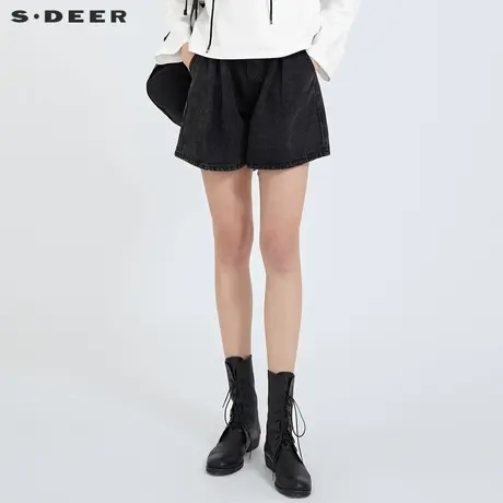 sdeer圣迪奥女装夏季松紧腰带拼接A字牛仔短裤S21280901商品大图