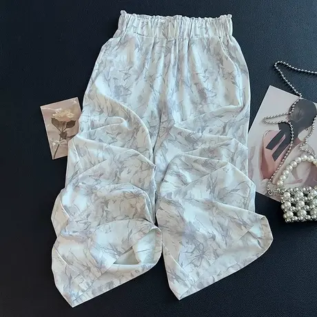 拉夏贝尔高端白色印花直筒裤子女夏薄款2025新款拖地裤休闲阔腿裤商品大图