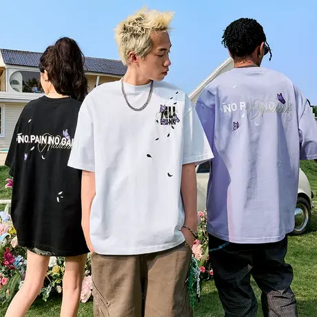 Nuthink蝴蝶刺绣短袖T恤美式复古潮牌宽松半袖男女2025夏季新款图片