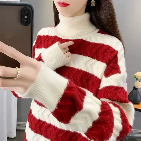 条纹套头高领毛衣秋装女2023年新款宽松内搭长袖针织衫洋气上衣潮图片