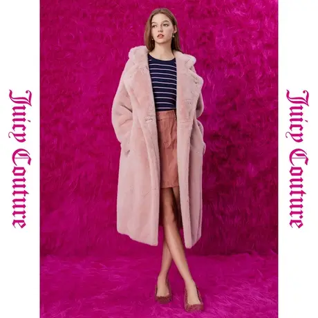 Juicy Couture橘滋春夏新款千金廓形毛绒外套连帽粉色毛呢大衣女图片