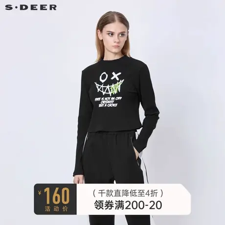 sdeer圣迪奥女装春秋装罗纹圆领字母胶花条纹长袖T恤S21380221图片