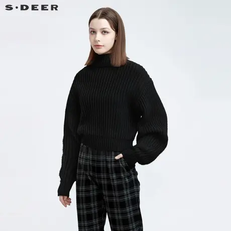 sdeer圣迪奥女装时尚高领开衩喇叭袖针织衫S21463515图片