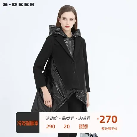 sdeer圣迪奥棉服女装高领连帽毛呢拼接宽松棉衣外套大衣S20482301图片