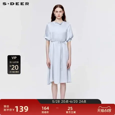 S·DEER圣迪奥女装圆领风琴褶收腰泡泡袖连衣裙S223Z12H1图片