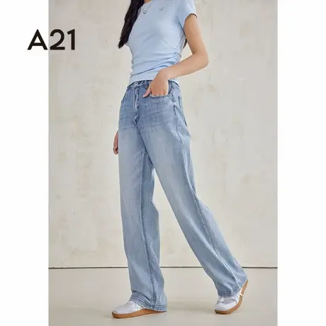 a21女装夏季直筒透气薄款牛仔长裤美式复古vibe阔腿休闲裤子女裤商品大图