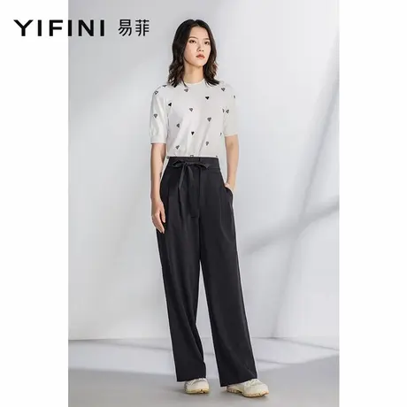 Yifini/易菲黑色通勤阔腿长裤女夏季新款薄款休闲裤高腰显瘦商品大图