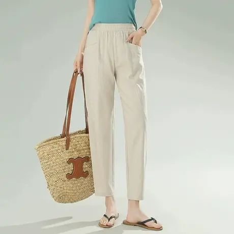 棉麻裤女春夏薄款哈伦萝卜裤大码高腰宽松九分亚麻直筒显瘦休闲裤商品大图