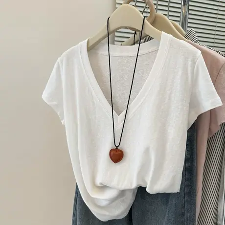雪花棉大领口V领短袖T恤女夏季宽松韩版打底衫内搭可外穿薄款上衣商品大图