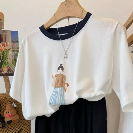 拼接撞色圆领短袖T恤女夏季2025新款宽松韩版大码雪花棉半袖上衣商品大图