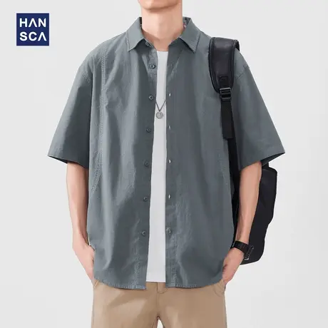 hansca宽松立体短袖衬衫男2025夏季时尚百搭微落肩青少年工装衬衣商品大图