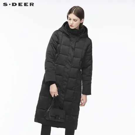 sdeer圣迪奥2018冬装新款纯黑拉链高领连帽H廓形羽绒服S18462417商品大图