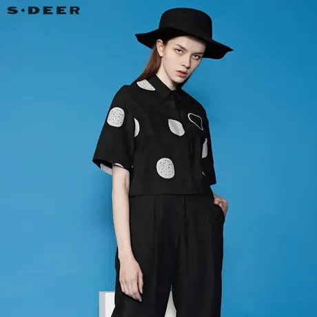 sdeer圣迪奥女装夏装翻领趣味贴布黑色短袖衬衫S20260402👖商品大图