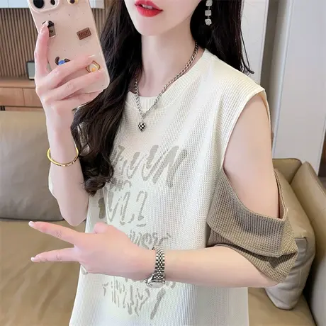 设计感小众小个子短袖t恤女夏季韩版宽松大码女装个性露肩上衣服商品大图