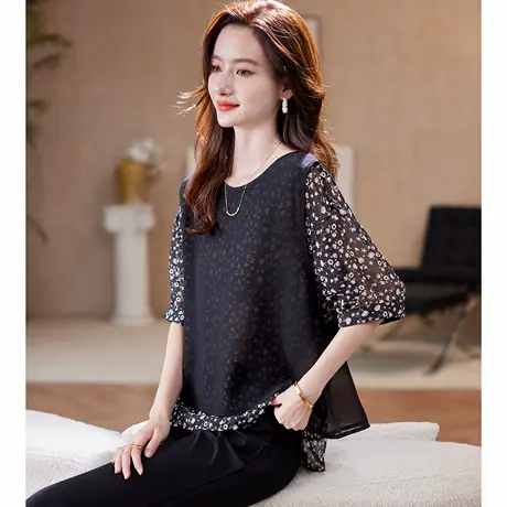 宝诗黎【新品价158元】假两件拼接印花雪纺衫AFF1003图片