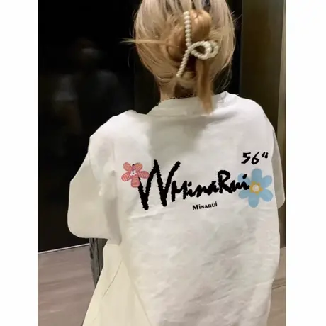 白色花朵纯棉短袖t恤女宽松设计感小众美式复古重磅潮牌夏季上衣商品大图
