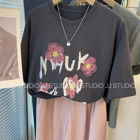 花花世界！韩国东大门气质宽松时髦花朵雪花棉短袖T恤上衣女25夏图片