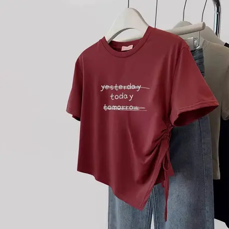 韩系慵懒风chic女装上衣夏ins潮大码短款短袖不规则下摆设计感T恤商品大图