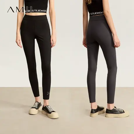 Amii2025夏新款修身显瘦百搭印花高弹鲨鱼皮打底裤女小黑裤瑜伽裤图片