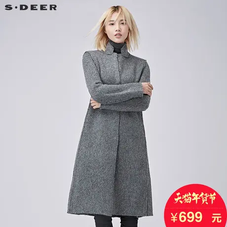 sdeer圣迪奥女2018冬装简约格纹线条中长款毛呢大衣外套S16481869图片