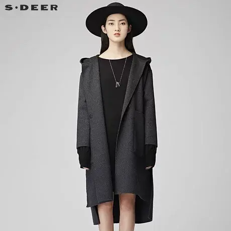 sdeer圣迪奥2018冬装新款开叉摆连帽羊毛毛呢大衣女S17481861图片