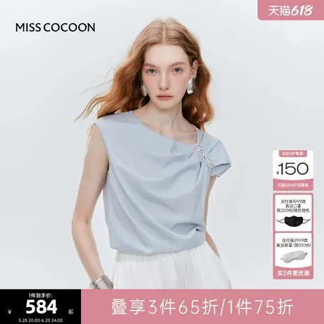 MISS COCOON可可尼设计感知性蓝色斜肩上衣2025夏季新款短袖女t恤商品大图