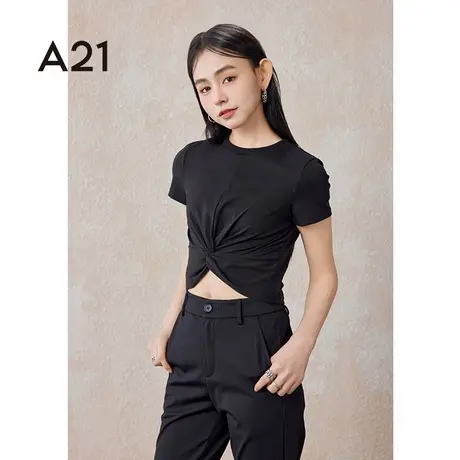 A21女装针织显瘦圆领短袖T恤夏季设计感皱感显身材短款打底衫女生图片