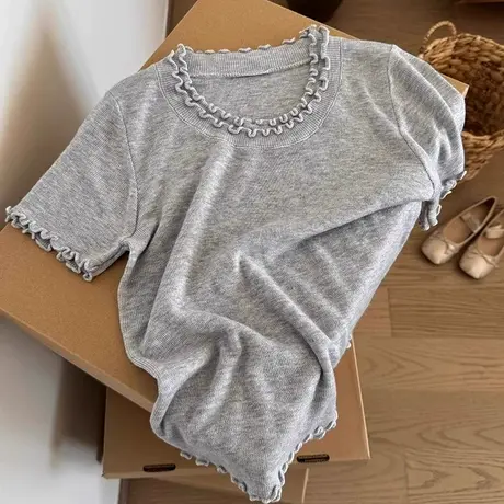 冰丝木耳边针织衫短袖t恤女2025新款夏季韩系设计感小众正肩上衣图片